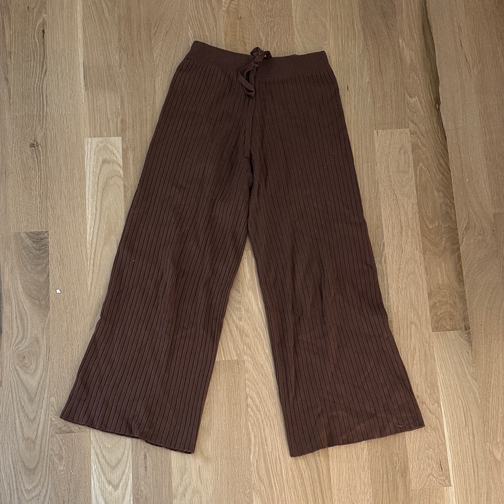 Vintage Brown Ribbed Knit Wide-Leg Pants